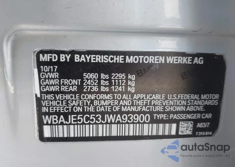 2018 BMW 540I z USA, uszkodzony, nr VIN WBAJE5C53JWA93900
